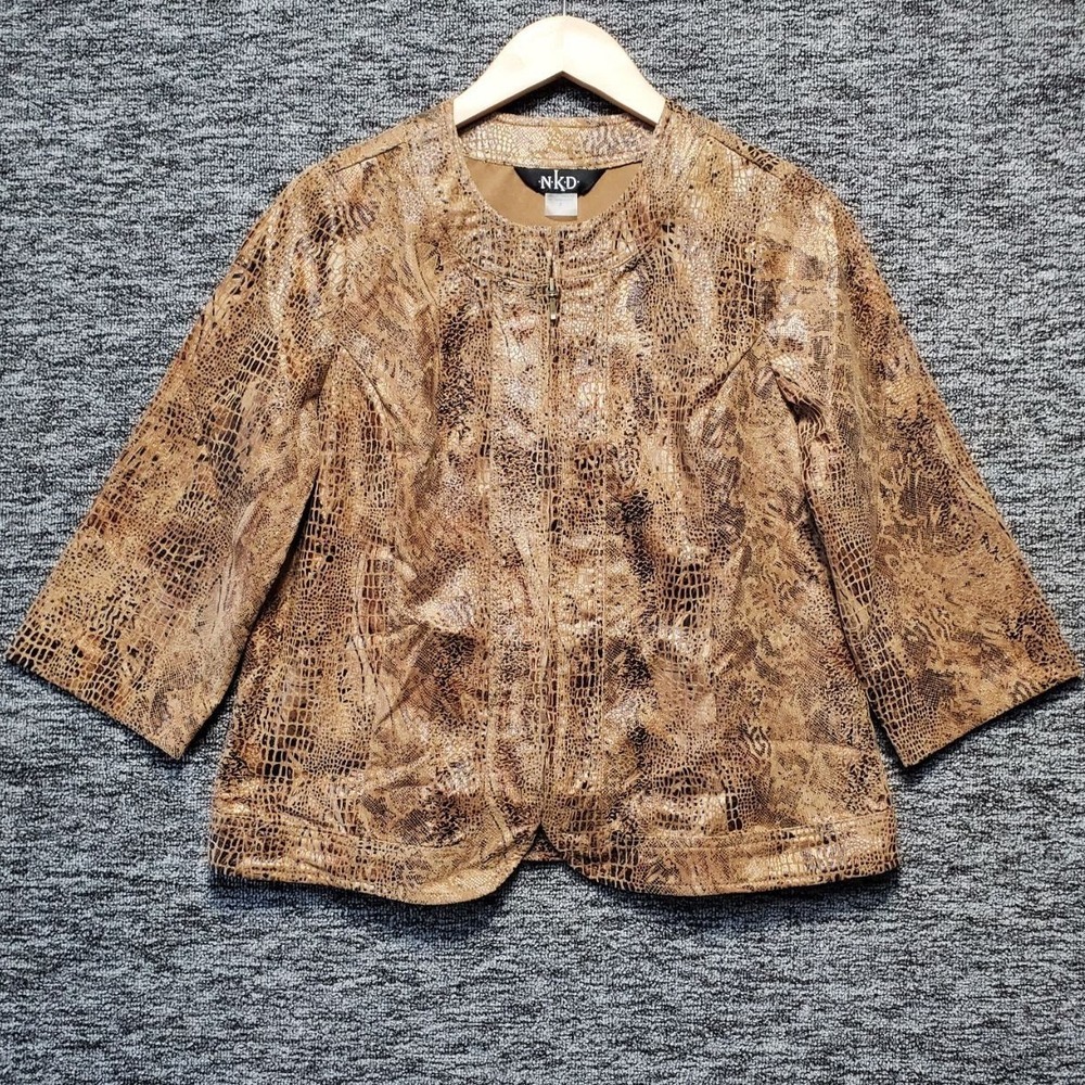 NKD Metallic Gold Snakeskin Print Zip Up Jacket Collarless Blazer‎ Size 8 Medium